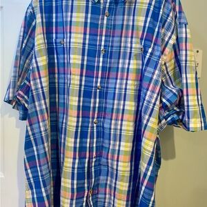 Kingsize Men’s 4XL Tall Button Down Short Sleeve Plaid Shirt Yellow and Blue